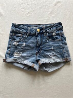 American Eagle Outfitters Blue Distressed Super Stretch Hi-Rise Shortie